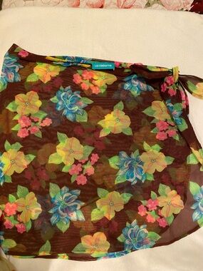Liz Claiborne Brown Floral Mesh Swim Sarong with Multicolor Flowers
